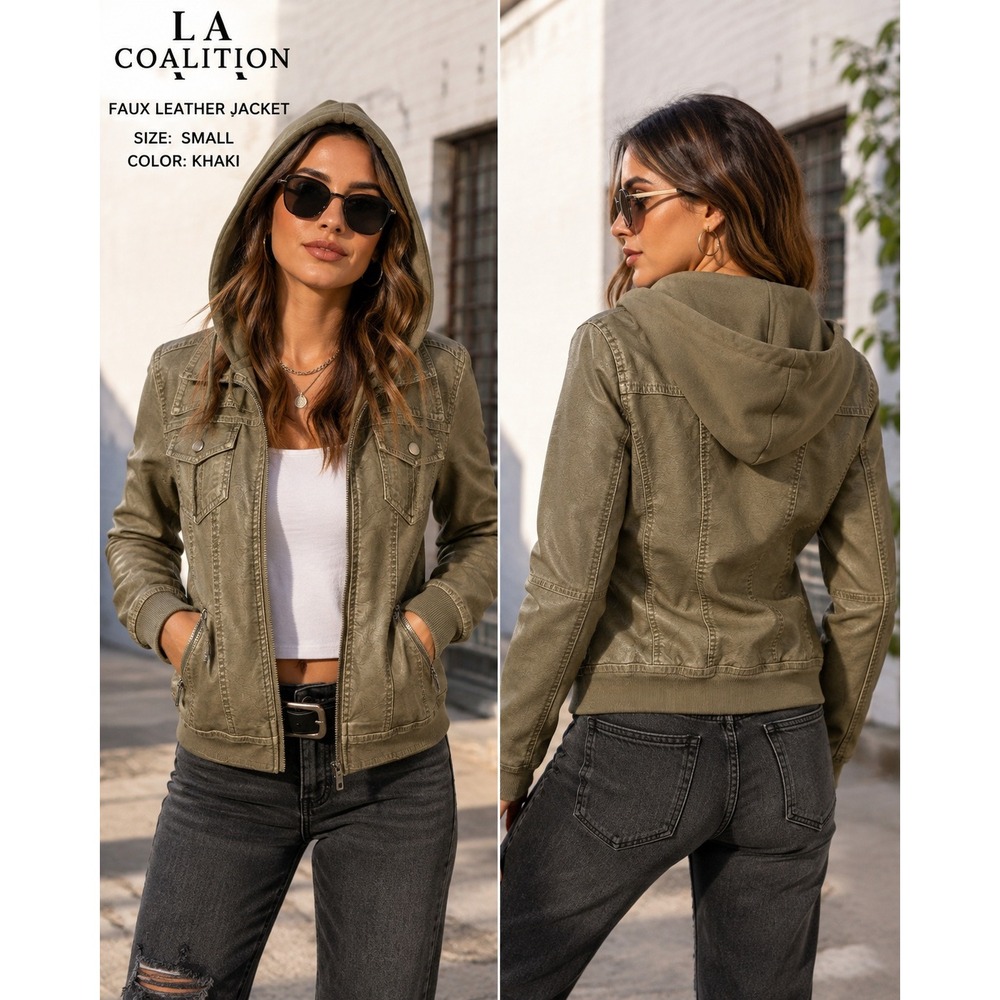 LA Coalition Women's Small Khaki Faux Leather Hooded Jacket Moto Bomber #1827